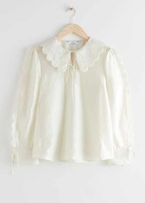 Scalloped Blouse, Scalloped Collar, Fashion Tops Blouse, Long Sleeve Knitted Cardigan, Trendy Fashion Tops, Chic Blouses, Pretty Blouses, Womens Shirt, Woven Top