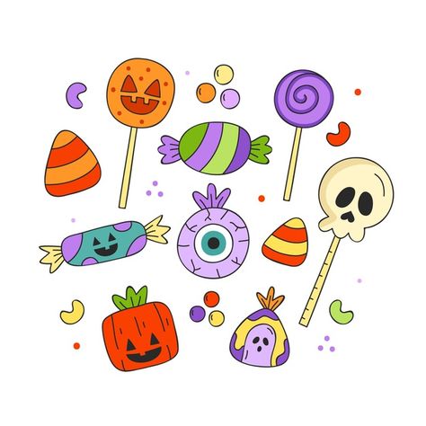 Colección de dulces de halloween dibujad... | Free Vector #Freepik #freevector Halloween Candy Doodles, Halloween Candy Illustration, Halloween Candy Drawing, Marcos Halloween, 2024 Bujo, Candy Drawing, Deco Halloween, Spooky Candy, Art Preschool