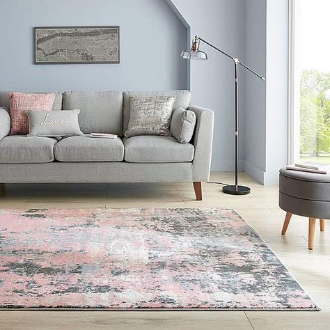 Fusion Abstract Blush Rug | Dunelm Pink Rug Living Room, Pink Couch Living Room, Pink And Grey Rug, Pink Living Room Decor, Blush Rug, House Addition, Pink Couch, Pink Living Room, Lounge Ideas