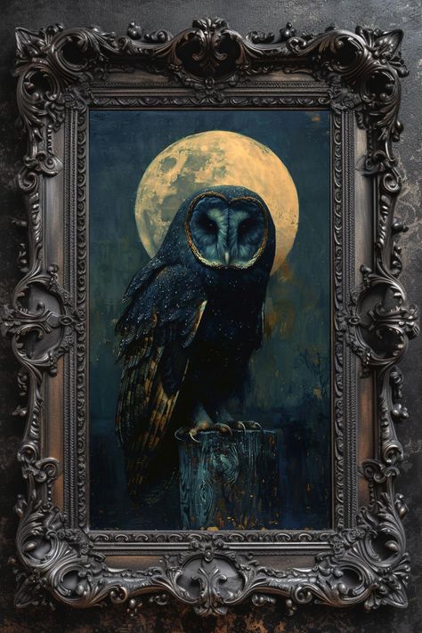 Embrace the eerie elegance of "Barn Owl Under A Full Moon," a captivating art print that captures the mysterious allure of a black barn owl perched under the glow of a full moon. Perfect for fans of dark gothic themes, spooky decor, Halloween, and witchy artwork, this piece brings a touch of nocturnal magic to any space. In this enchanting painting, the black barn owl stands as a silent sentinel against the moonlit sky, exuding an aura of mystique and dark charm. The deep, moody tones and intric Dark Owl Art, Halloween Art Inspiration, Whimsical Halloween Decor, Southern Gothic Decor, Black Barn Owl, Whimsical Gothic Decor, Harvest Moon Art, Halloween Art Painting, Owl Bathroom Decor