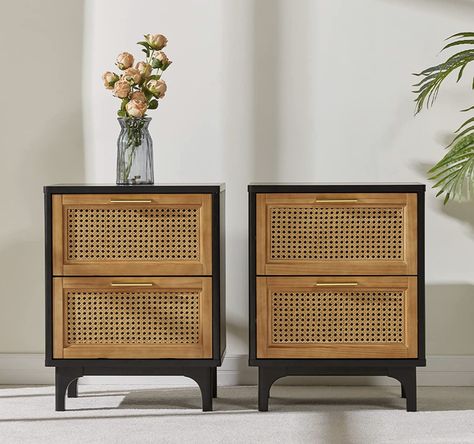 Rattan Nightstands Set of 2, Boho Accent Bedside Tables with 2 Solid Wood Drawers Storage End Table, Woven Natural Vintage Side Table for Bedroom, Black(2pcs) Boho Nightstand, Side Tables For Bedroom, Nightstand Set Of 2, Storage Table, Vintage Side Table, Into The Wood, End Table Sets, Bedroom Black, Small Side Table