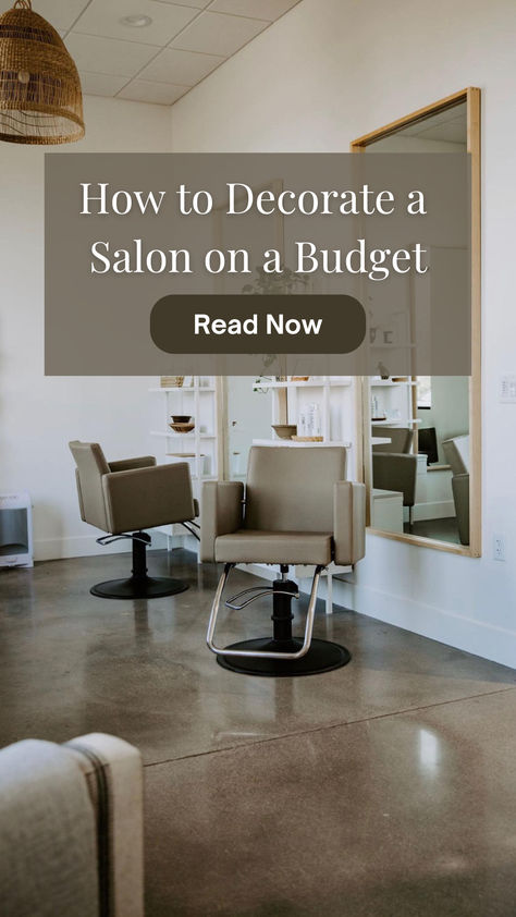 A salon space with two dark-beige styling chairs in front of two large mirrors. Open Concept Salon Ideas, Small Hairdresser Salon, Back Bar Salon Ideas, Salon Republic Studios, Small Salon Reception Area, Simple Salon Ideas, Home Salon Interior Design, Salon Bar Ideas, Salon Lobby Ideas Waiting Area