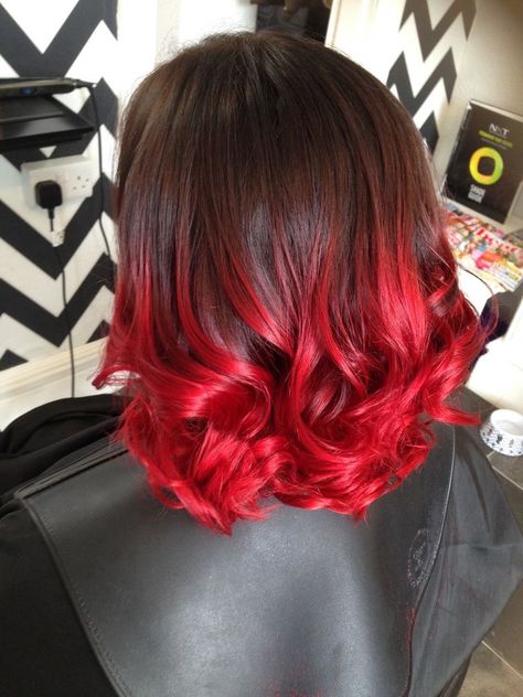 Balayage Bright Colors, Brown And Bright Red Hair, Red And Brown Ombre Hair, Brown To Red Ombre Hair Short, Bright Red And Brown Hair, Pops Of Color In Hair, Brown Hair With Red Ombre, Brown And Red Balayage Hair, Brown And Red Ombre Hair