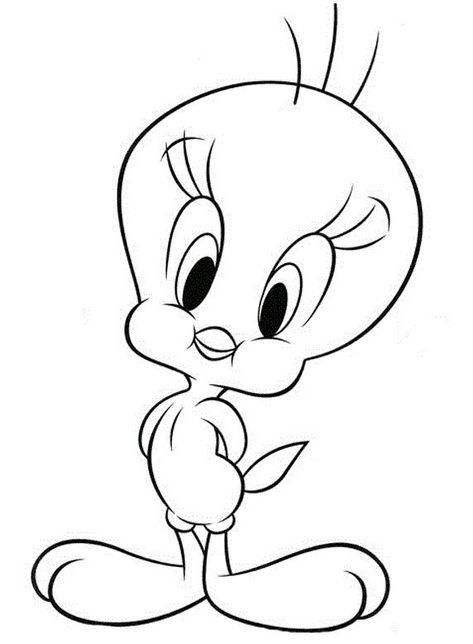 Cartoon Character Outline Drawing, Tweety Bird Outline, Tweety Bird Tattoo Black And White, Cool Outline Drawings, Cute Disney Characters Drawing, Cartoon Characters Tattoo Ideas, Disney Coloring Pages Printables Free, Tweety Drawing, Tweety Coloring Pages