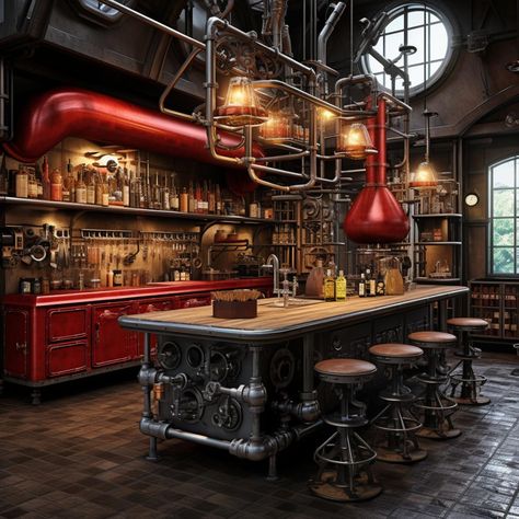 Steampunk Industrial Ideas Mashup Redefine Kitchens Space Industry Interior Design, Steam Punk Bar, Steam Punk Kitchen, Steampunk Bar Ideas, Steampunk Restaurant, Industrial Home Exterior, Barbie Hotel, Steampunk Interior Design, Steampunk Room