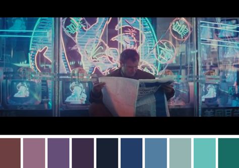 @CINEMAPALETTES #BLADERUNNER Color In Film, Movie Color Palette, Famous Movie Scenes, Art Cyberpunk, Cinema Colours, The Royal Tenenbaums, Color Script, Reservoir Dogs, Arte Cyberpunk