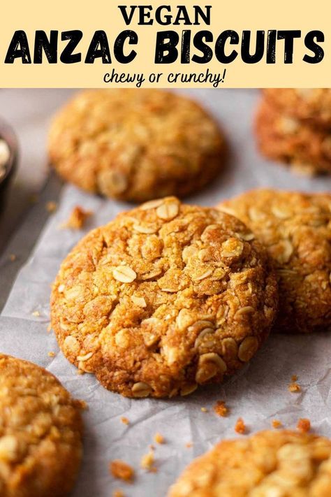 Classic vegan Anzac biscuits packed with oats and coconut with a hint of caramel from golden syrup. You only need common pantry ingredients to make these irresistibly crunchy and chewy biscuits! Eggless Biscuits, Anzac Cookies, Cultural Recipes, Easy Vegan Cookies, Chicory Recipe, Fantastic Recipes, Anzac Biscuits, Biscuits Cookies, Dessert Bites