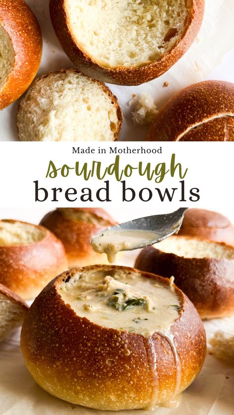 These sourdough bread bowls are the perfect way to serve your favorite fall soup recipes! Discard Sourdough Pumpkin Bread, Sourdough Bowl Soup, Panera Sourdough Bread Bowl Recipe, Fall Baking Sourdough, Bacon Gouda Sourdough, Sourdough Bread Soup Bowls, Sour Dough Bread Bowls For Soup, Sour Dough Bread Bowl, Sourdough Super Bowl Snacks