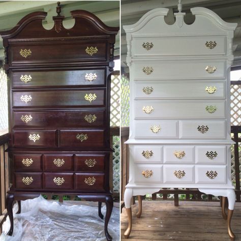 Modernized this beautiful Queen Anne Highboy Dresser. White and gold. Before and After. Queen Anne Highboy Dresser Makeover, Painted Highboy Dresser, Queen Anne Dresser Makeover, Queen Anne Furniture Makeover, Highboy Dresser Makeover, Furniture Makeover Paint, Queen Anne Bedroom, Updated Furniture, Tall Dressers