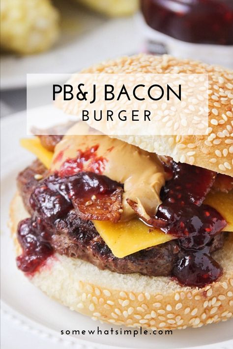 cheeseburger with peanut butter and jelly Bar Burger Recipes, Peanut Butter Hamburger, Peanut Butter And Jelly Hamburger, Pb And J Burger, Burger And Peppers Recipe, Peanut Butter Burgers, Peanut Butter Jelly Burger, Pb&j Burger, Peanut Butter Burger Recipe