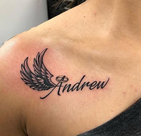 Rip Boyfriend Tattoos, Tattoo For Angel In Heaven, Rip Tattoos For Uncle, Name Tattoo With Wings, Rip Tattoos For Mom Mothers Heavens, Angel Wings Memorial Tattoo, Memorial Name Tattoos, Name With Wings Tattoo, Heavenly Tattoo For Women