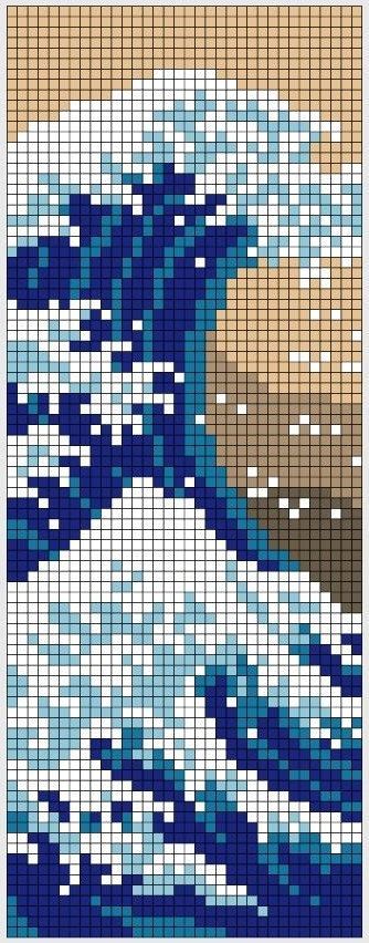 Crochet Painting, Water Scenery, Pixel Quilting, Japanese Crochet, Japan Painting, Pixel Art Templates, Waves Ocean, Pixel Crochet, Pixel Art Grid