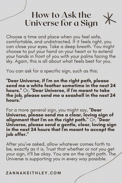 How to Ask the Universe for a Sign (A Complete Guide) - Zanna Keithley Spiritual Psychology, Spiritual Awakening Signs, Spiritual Journals, Witch Spirituality, Magic Spell Book, Energy Healing Spirituality, Spiritual Manifestation, Manifestation Journal, Love And Happiness