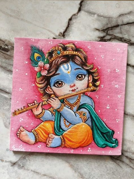 Short Canvas Painting Ideas, Cute Krishna Canvas Painting, Krishna Small Canvas Painting, Baby Krishna Painting, Krishna Painting On Canvas, Literature Notes, Baby Room Paintings, Room Paintings, Actors Illustration