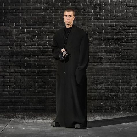 The popstar and fashion house continue their creative kinship with a series of austere campaign images. menswear | celebrity style | mens fashion 2021 Trooper Boots, Priest Outfit, Yung Lean, Isabelle Huppert, Justin Bieber Photos, Tim Walker, Slim Trousers, Black Outfit, Black Coat