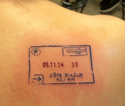 Passport stamp tattoo with the date of my first marathon (in France), my age at the time (39), the location of the race and metric distance (42.1 km).  I never worked so hard to earn a tattoo! Passport Stamp Tattoo, Distance Tattoos, Stamp Tattoo Ideas, Marathon Tattoo, France Tattoo, Germany Tattoo, Faded Tattoo, Paris Tattoo, Stamp Tattoo