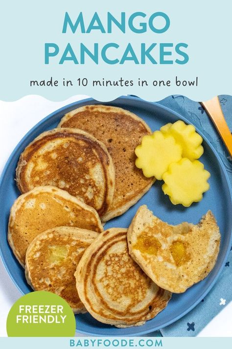 Follow these steps at home to make these light, fluffy pancakes bursting with pockets of juicy, diced mango (one whole cup worth!).  Accentuated with spices like cinnamon and cloves, these mango pancakes are a sweet alternative to traditional pancakes for a tropical-style breakfast or brunch. Great for toddlers, kids, and the entire family! Banana Pancakes For Baby, Light Fluffy Pancakes, Blw Ideas, Mango Pancakes, Baby Food 8 Months, Blw Recipes, Baby Led Weaning First Foods, Fruit Pancakes, Baby Breakfast