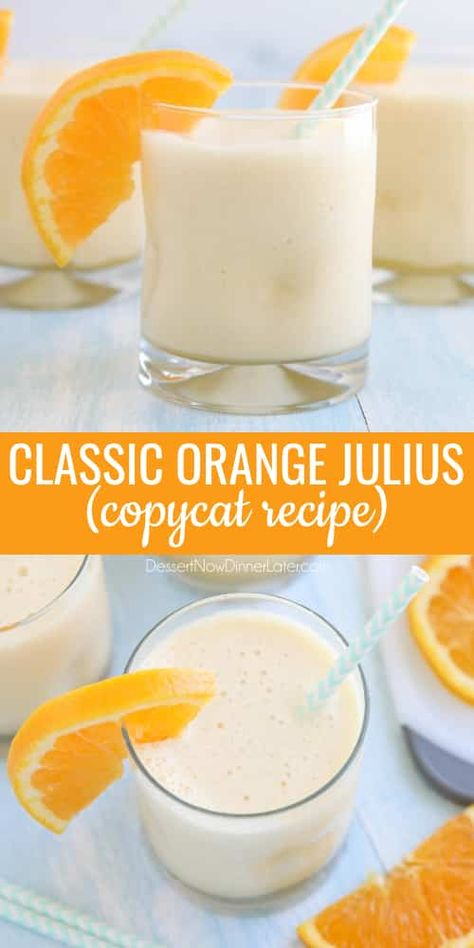 This classic Orange Julius recipe is an easy and delicious smoothie made with frozen orange juice concentrate, milk, water, sugar, vanilla, and ice. It's frothy, creamy, cool, and sweet. If you love an orange creamsicle, you'll love this drink! Orange Julius Copycat Recipe, Fruit Kabob, Pizza Fruit, Orange Julius Recipe, Orange Juice Recipes, Creamsicle Smoothie, Orange Julius, Drink Recipes Nonalcoholic, Smoothie Drink Recipes