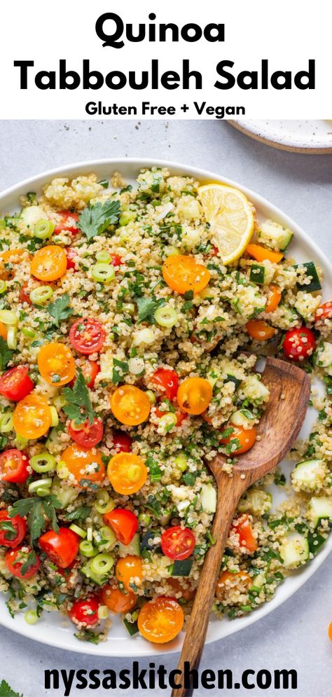 This quinoa tabbouleh salad is such a fresh and flavorful gluten free version of a classic tabbouleh recipe! Made with fluffy quinoa, sweet cherry tomatoes, crisp cucumber, green onions, aromatic parsley, and a bright and simple lemony dressing. Gluten free, vegan & so dang tasty! Lemony Dressing, Fluffy Quinoa, Tabbouleh Recipe, Quinoa Tabbouleh, Raw Cauliflower, Tabbouleh Salad, Vegetarian Foods, Quinoa Healthy, Easy Salad