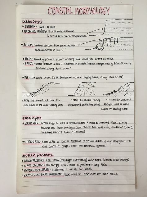 A level geography revision notes on coastal landscapes; cliff morphology, erosion, weathering, rocks, waves. Geography Study Notes, How To Make Geography Notes, Notes For Grade 8, Geography Aesthetic Notes, Aesthetic Notes Geography, School Notes Geography, Notes For Geography, Geography Notes Aesthetic, A Level Geography