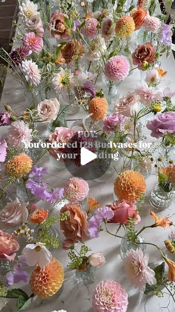 Marcia Davis | You read that right.
This is what 128 bud vases looks like.
They were actually so fun to make even though every surface of my studio was... | Instagram Italian Ruscus Garland With Bud Vases, Dahlias In Bud Vases, Fall Bud Vases Wedding, Brass Candle Sticks Wedding, Daliah Flower, Roses And Dahlias, Bud Vase Centerpiece, Canyon Wedding, Dahlias Wedding