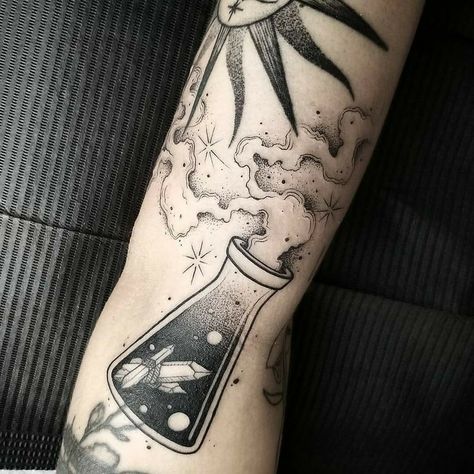 Potions Tattoo, Potion Bottle Tattoo, Potion Tattoo, Black And Gray Tattoos, Chemistry Tattoo, Horus Tattoo, Terrible Tattoos, Space Tattoos, Black And Grey Tattoo