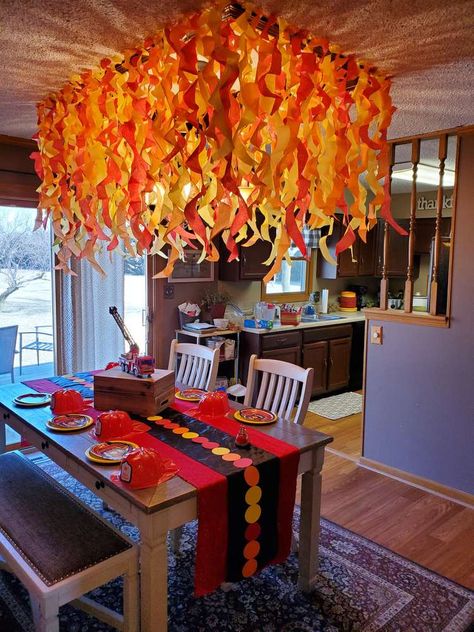 Diy Firefighter Birthday Decorations, Firefighter Party Ideas For Adults, Firetruck 4th Birthday Party, Police Fireman Birthday Party, Birthday Party Firefighter, Fire Company Banquet Ideas, Fire Banquet Decorations, Firehouse Birthday Party Ideas, Firetruck Birthday Party Decor