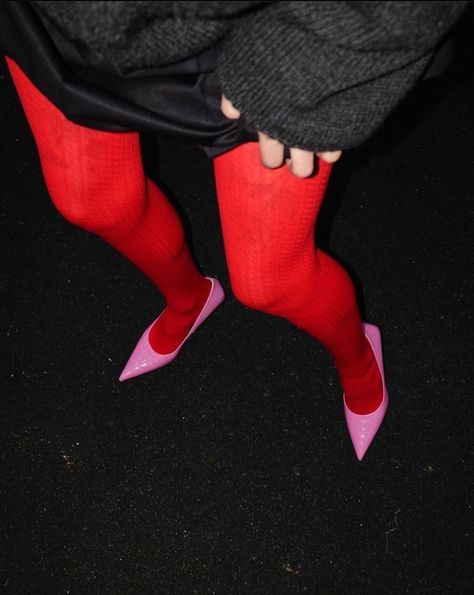 Red And Pink Heels, Pink And Red Outfit Aesthetic, Red Accessories Aesthetic, Red Tights Aesthetic, Red Fashion Aesthetic, Pink Tights Outfit, Pink Red Outfit, Heels With Tights, Red And Pink Outfit