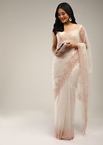 Buy Powder White Saree In Organza With Moti And Stones Embroidered Border And Butti Design Online - Kalki Fashion White Organza Saree, Off White Saree, New Saree Blouse Designs, Kalki Fashion, Latest Saree, Fancy Sarees Party Wear, White Saree, Indian Gowns Dresses, On The Border