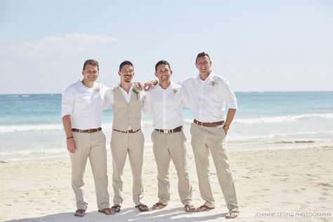 Neutral beach wedding. Light tan linen trousers and waistecoat. white shirts. Beach Wedding Groom Attire Casual Khakis White Shirts, Groomsmen Tan Pants White Shirt, Neutral Beach Wedding, Beach Wedding Souvenir, Groomsmen Attire Beach Wedding, Coronado Wedding, Dr Wedding, Beach Wedding Groom Attire, Beach Wedding Guest Book