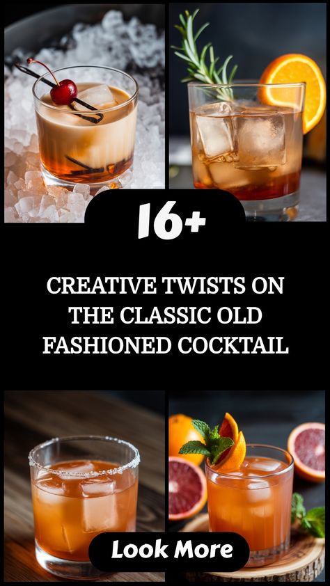 Creative twists on the classic Old Fashioned cocktail with various garnishes. Old Fashioned Recipes Cocktail Twists, Bourbon Recipes Drink, Bourbon Drinks Cocktails, Old Fashioned Recipes Cocktail, Old Fashion Drink Recipe, Whiskey Cocktails Easy, Bourbon Old Fashioned, Grapefruit Bitters, Classic Old Fashioned