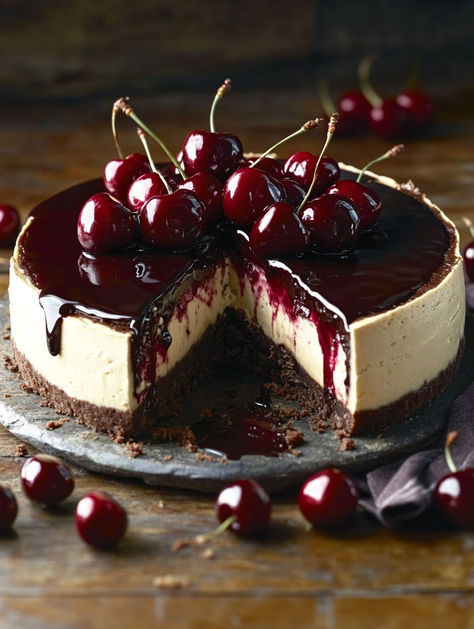 Black Forest Cheesecake Introduction Black Forest Cheesecake is a delightful dessert that combines the rich flavors of chocolate and cherries. It's creamy, indulgent, and sure to impress your family and friends. This cheesecake will quickly become your go-to dessert for any occasion! Why Make This Recipe Making Black Forest Cheesecake is a great way to Black Forest Pavlova, December Foods In Season, Black Wedding Desserts, Fancy Cherry Desserts, Cheesecake Black Forest, Christmas Black Forest Cake, Traditional Black Forest Cake, Black Forest Torte, Cherry Chocolate Cheesecake Recipes