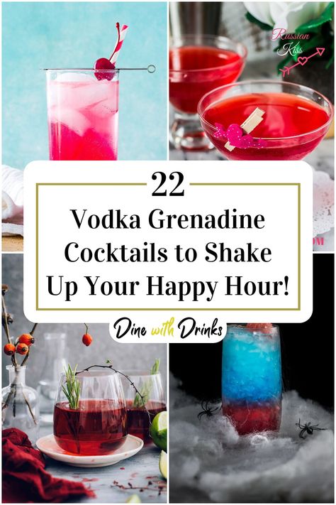 Collage of 4 vodka grenadine cocktails. Vodka Drinks Recipes Easy, Vodka Mixed Drinks Recipes, Drinks With Grenadine, Grenadine Recipe, Acholic Drinks, Cocktail Shaker Recipes, Toffee Vodka, Grenadine Cocktail, Signature Cocktail Drinks