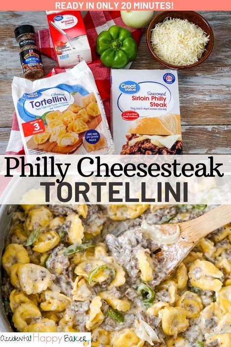 Creamy, cheesy, hearty and delicious with thinly sliced steak, peppers, onions, and cheese tortellini, this Philly Cheesesteak Tortellini uses convenience items to make a delicious main dish pasta recipe that’s ready in about 20 minutes! Starter Meals Dinners, Family Fall Dinners, Quick Cheap Easy Dinners, Ground Beef And Cheese Tortellini Recipes, Cheap Tortellini Recipes, Meals To Cook At The Beach, Dinner Ideas Fast Easy Meals, Easy Anniversary Dinner At Home, Dinner For 9 People