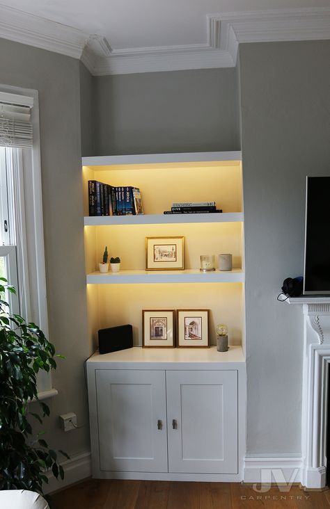 Alcove Bookshelves Living Room, Alcove Shelving With Lights, Fireplace Alcove Storage, White Alcove Cupboards, Shelving Lights, Alcove Shelving Bedroom, Cupboard And Shelves In Alcove, Alcove Shelving Dining Room, Alcove Lighting Living Room