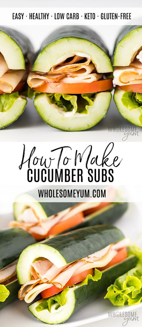 Cucumber Subs Recipe: How To Make Cucumber Sandwiches! - How to make cucumber sandwiches without bread! This cucumber subs recipe is quick, simple, and easy to customize. Like a turkey sandwich without the carbs! #keto #lowcarb #lunch #wholesomeyum Sandwiches Without Bread, Cucumber Subs, Diet Lunch, Subway Sandwich, Cucumber Diet, Keto Diet Snacks, Turkey Sandwich, Starting Keto Diet, Cucumber Sandwiches