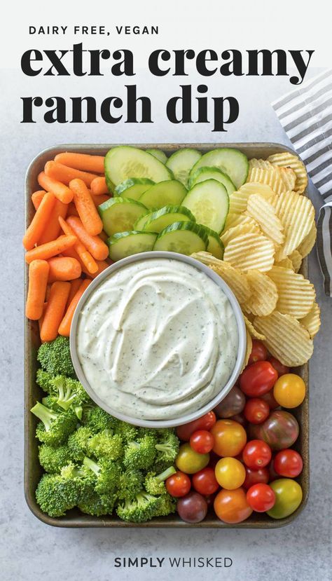 This easy ranch dip recipe is made with mayo and vegan sour cream for a creamy, homemade ranch dip that's perfect for veggies and chips. #dairyfree #ranch Veggie Platter Dip Recipes, Easy Ranch Dip, Creamy Ranch Dip, Veggie Dips, Veggie Dip Recipe, Homemade Ranch Dip, Ranch Dip Recipe, Creamy Ranch, Dairy Free Dinner