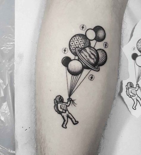 Moon Man and Planet Balloons Tattoo Back Design, Hip Tattoo Quotes, Wildflowers Tattoo, Tiki Tattoo, Balloon Tattoo, Astronaut Tattoo, Belly Tattoos, Design Symbols, Planet Tattoos