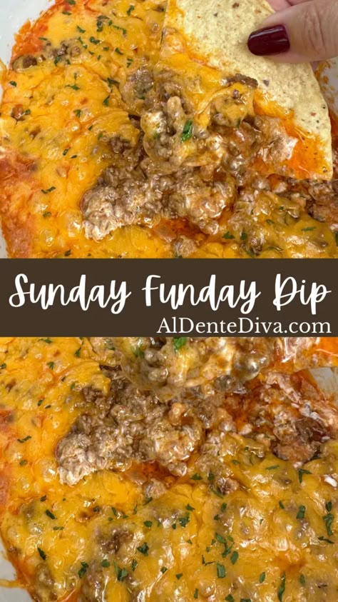 SUNDAY FUNDAY DIP Ground Beef Snacks Appetizers, Recipes For Football Sunday, Meaty Dip Recipes, Fun Gathering Ideas, Cheese And Ground Beef Dip, Ground Beef Chip Dip, Favorite Dip Recipes, Sunday Funday Dip, Easy Appetizer Recipes For A Crowd