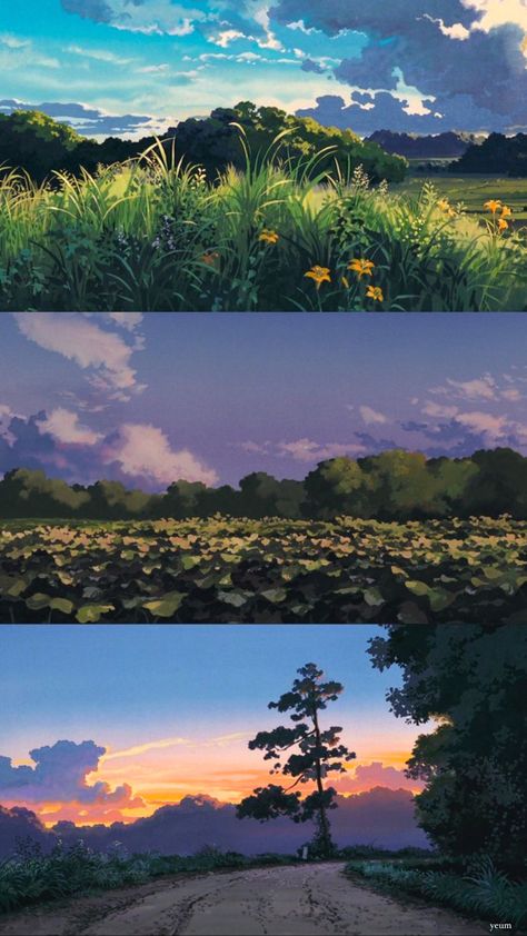 Studio Ghibli Reference Art, Studio Ghibli Nature Scenes, Gauche Painting Studio Ghibli, Ghibli Scenes Landscapes, Guache Painting Studio Ghibli, Ghibli Art Landscape, Ghibli Scenery Painting, Ghibli Style Painting, Art Styles Landscape