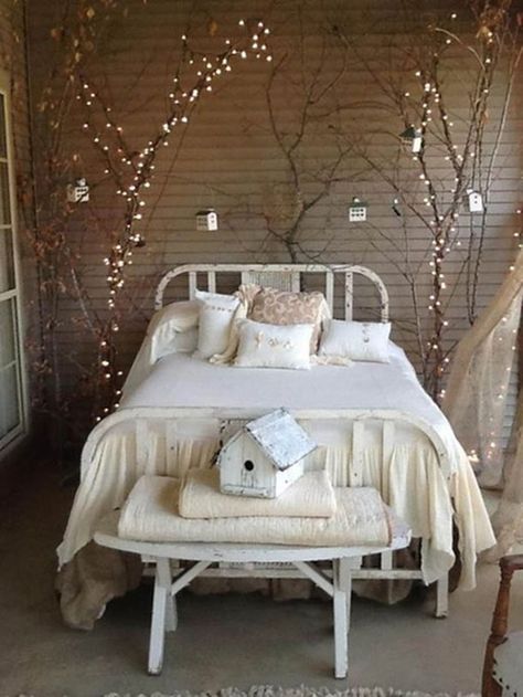 It's amazing how much of a difference a strand of fairy lights can make in a bedroom. बेडरूम डिजाइन, Vintage Bedroom Styles, Christmas Lights In Bedroom, Shabby Chic Decorating, Design Ložnic, Koti Diy, Tree Bed, Shabby Chic Decor Bedroom, Vintage Bedroom Decor