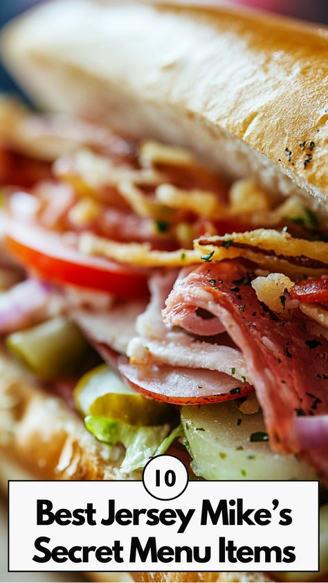 Close-up of a Jersey Mike's sub sandwich filled with fresh ingredients, showcasing a secret menu item option. Jersey Mikes Seasoning, Jersey Mikes Italian Sub Copycat, Jersey Mikes Sub, Jersey Mikes, Specialty Sandwiches, Russian Dressing, Secret Menu Items, Best Jersey, Sandwich Makers