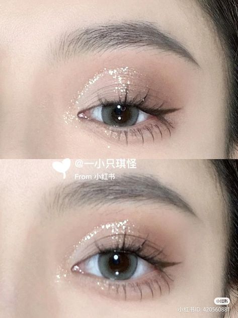 Asian Prom Hair, Sparkly Eyeshadow Looks, Eyeshadow Looks Natural, Eyeshadow Creative, Douyin Eye Makeup, Creative Eyeliner, Disco Makeup, Sparkly Eyeshadow, Shimmer Eye Makeup