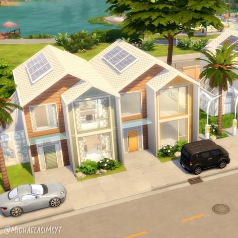 Michaela Sims | Sims 4 Builder ✨🇨🇿 on Instagram: "San Sequoia Townhouses 🌴 Four spacious and colorful townhouses, the first one furnished for a work-from-home couple! Each townhouse has its small backyard and there is a common area in between the two duplexes. 🌴 San Sequoia 🌴 40x20 🌴 Origin ID: michaelasimsyt 🌴 Speed build on my YT channel, link in bio ________________ 🏷 the sims 4 | the sims 4 house | the sims 4 ideas | sims 4 speedbuild | sims 4 exterior #thesims4house #thesims4mods #s Sims 4 Exterior, Sims 4 Ideas, San Sequoia, Sims 4 Modern House, Sims 4 Houses Layout, Sims 4 House, Townhouse Exterior, Modern Townhouse, Sims 4 House Plans