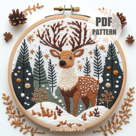 DESCRIPTION Discover the beauty of nature with this Deer in Forest Hand Embroidery Pattern! Perfect for nature lovers and embroidery enthusiasts, this design captures a serene woodland scene. Create stunning hoop art featuring a majestic deer amidst evergreen trees. Instantly downloadable, this pattern makes embroidery stitching enjoyable and accessible. Let's stitch and bring this enchanting forest to life! YOUR DOWNLOAD INCLUDES: ~ Printable PDF pattern in 6 sizes: 3,4,5,6,7 and 8 inches, givi Reindeer Embroidery Pattern, Winter Embroidery Patterns, Embroidery Reindeer, Embroidery Woodland, Moose Embroidery, Embroidery Forest, Woodland Embroidery, Forest Embroidery, Reindeer Embroidery