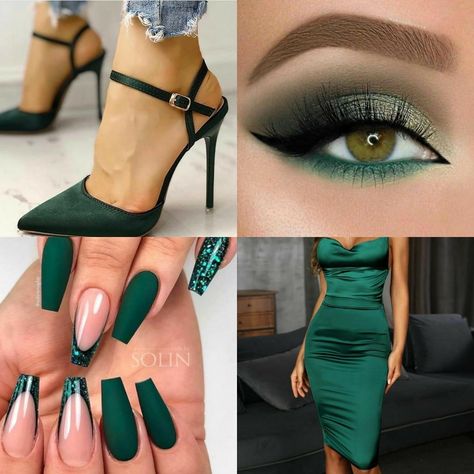 Make Up Ideas For Green Dresses, Emerald Make Up Look, Makeup That Goes With Emerald Green Dress, Green And Silver Eyeshadow Looks, Wedding Makeup For Emerald Green Dress, Nails That Match Dark Green Dress, Emerald Green Dress Nails Ideas, Emerald Eye Makeup For Prom, Eye Make Up For Green Outfit