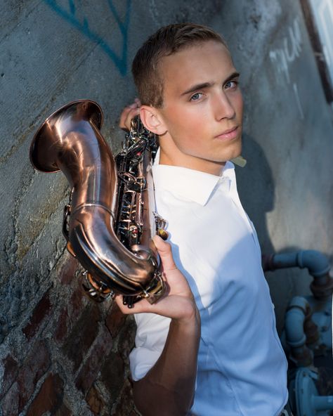 Senior Boy, playing a  Saxophone, music picture, senior photos with instrument Saxophone Senior Picture Ideas, Music Poses, Saxophone Photography, Instrument Photography, Sr Photos, Seniors Photography, Boy Senior Portraits, Senior Photos Boys, Musician Portraits