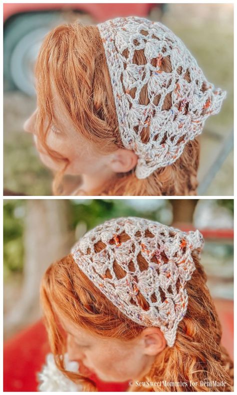 Bandana Kerchief Free Crochet Patterns - DIY Magazine Lacy Crochet Bandana, Crocheted Head Scarf Pattern, Crochet Head Kerchief Free Pattern, Crochet Hair Cover, Crochet Head Covering Pattern, Hair Scarf Crochet, Crochet Beach Accessories, Crochet Kerchief Pattern Free, Crochet Head Scarf Pattern Free