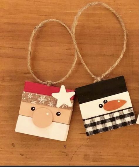 Ornaments From Jenga Blocks, Jenga Block Santa Ornaments, Block Ornaments Wooden, Crafts With Jenna Blocks, Diy Snowmen Ornaments Ideas, Tumbling Tower Block Ornaments, Jenga Ornament Ideas, Jenga Block Ornaments Diy Dollar Tree, Wooden Christmas Cards