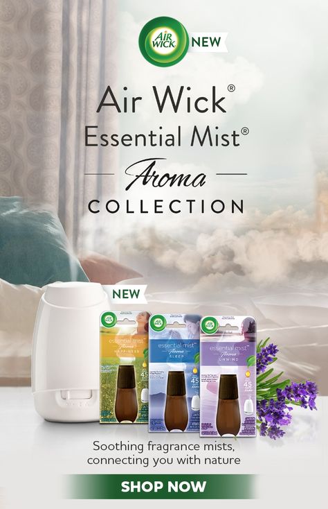 Connect with nature, with Air Wick®Essential Mist®. Unwind with scents of Jasmine, Tea Tree and Lotus Blossom. Prepare your room for rest with calming Lavender, Eucalyptus and Sage. Or release uplifting Pineapple, Peach and Wild Mint aromas.  Tap the Pin, and find peace. How To Use Essential Oils Air Freshener, Airwick Essential Mist Hack, Essential Oil Room Spray Recipe Doterra Homemade Air Freshener, Air Wick Essential Mist Diffuser Refill Diy, Natural Room Spray Air Freshener, Room Freshener Spray, Air Wick, Real Estate Marketing Design, Room Freshener